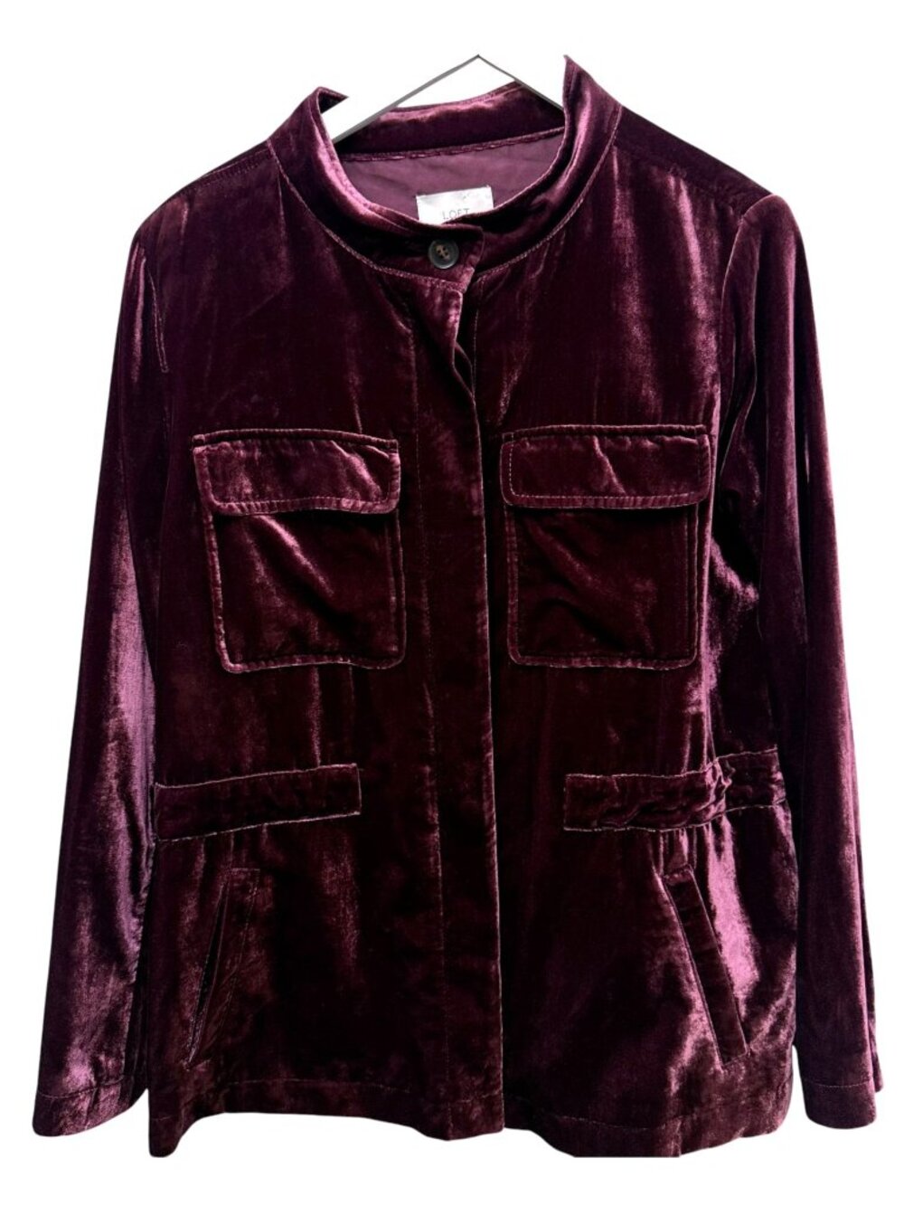 LOFT Velvet Jacket Large Burgundy Red Safari Utility Holiday Blazer